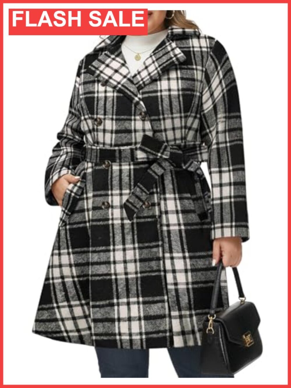 Plus Size Double Breasted Wool Blend Pea Coat Belted Winter Overcoat